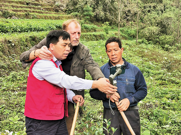 ●廣西乍洞村扶貧第一書記謝萬舉 (左)和他「洋助理」Nico及村民一起種植茶樹苗。 資料圖片