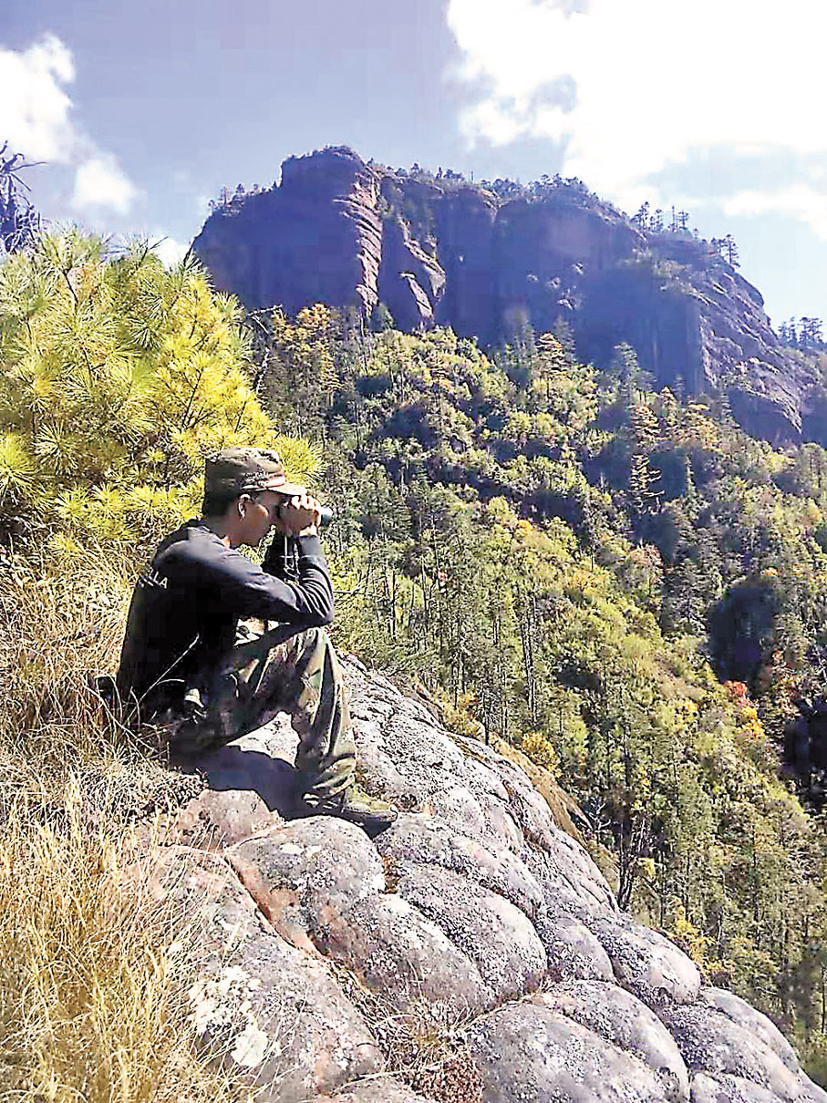 ●巡護員對滇金絲猴進行觀察監測。