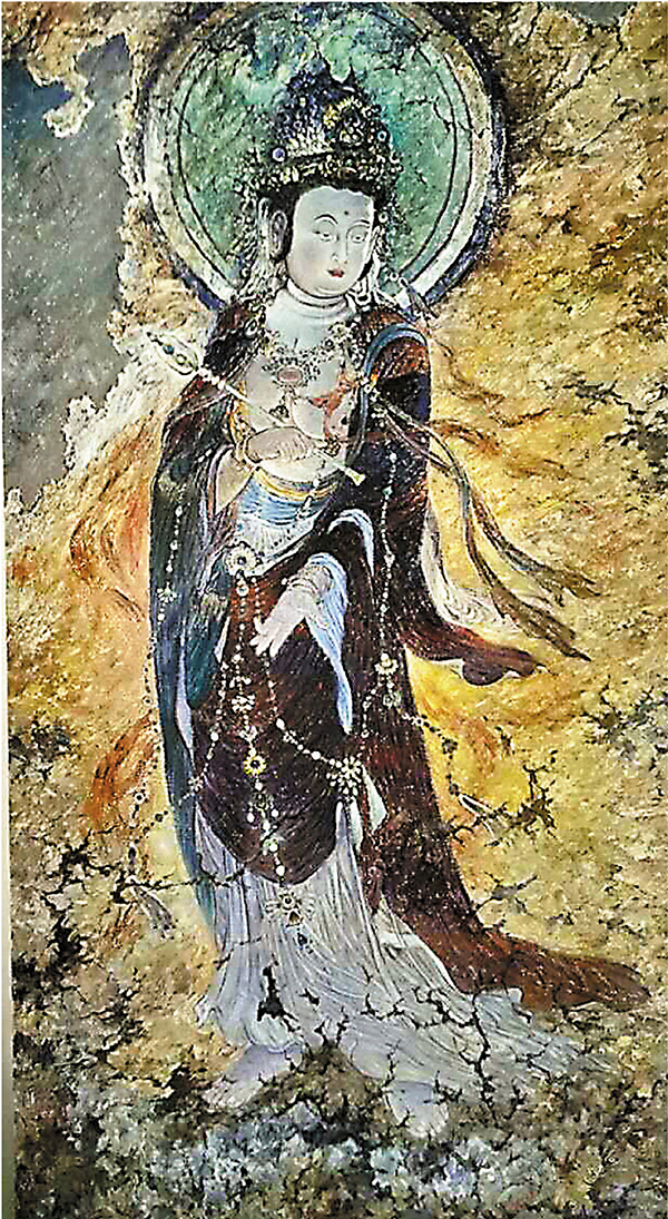 ●布面油畫《敦煌丟失的南無大勢至菩薩》  (尺寸：200:110)。根據大英博物館的館藏敦煌巨幅刺繡創作，用油畫絢爛的色彩還原了原作品中佛像周圍斑斕明亮的光芒。