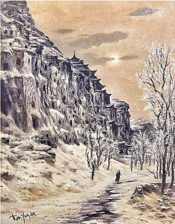 ●布面油畫《敦煌古剎》  （尺寸：52:68）。月光下，莫高佛塔，一位老僧漫步在古絲路上。