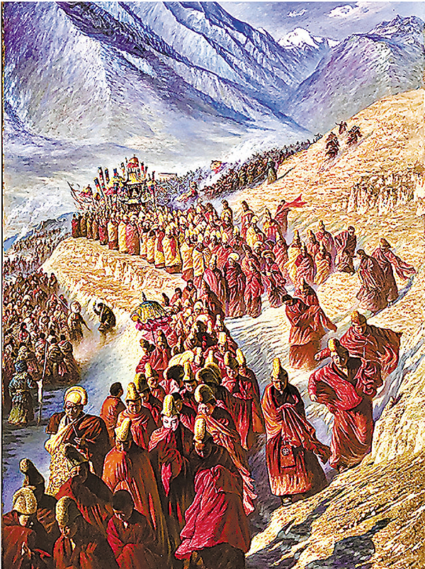 ●布面油畫《高原盛會》  （尺寸：130:97）。每年正月十三是甘南藏族人民的曬佛節，藏民穿着民族新裝，舉着華蓋與綵帶，沿着寺院山路，徒步朝聖。