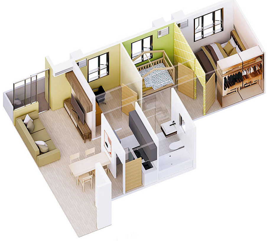 ●最大的三房單位，實用面積達550平方呎。圖為三房單位的設計圖。