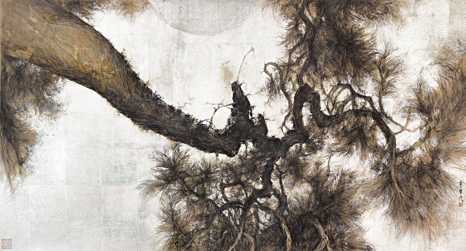 ●《吟月》使用了銀箔入畫，恍似柔和月光。