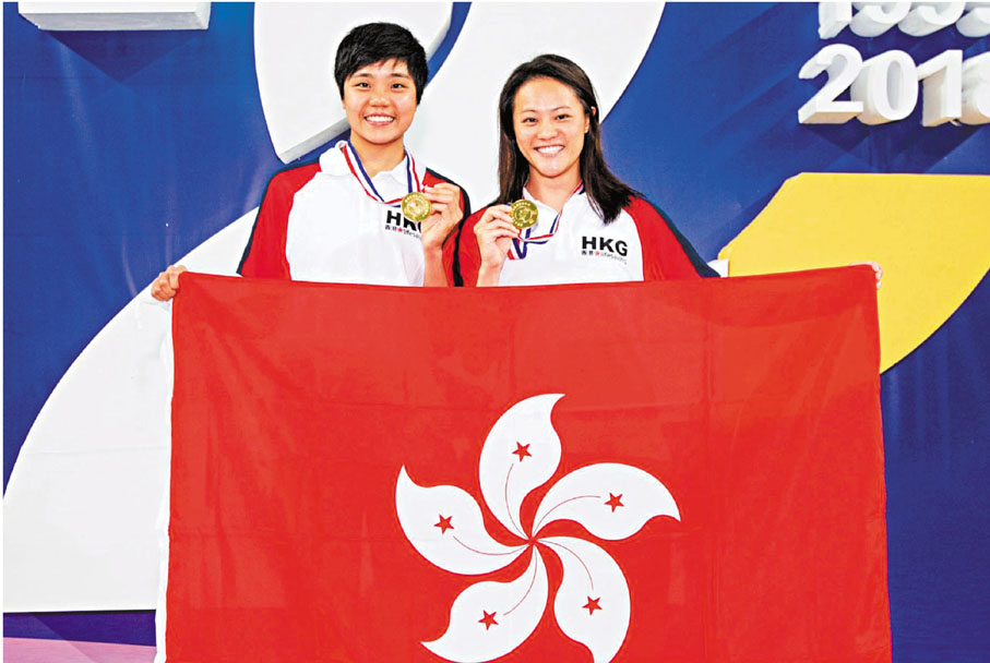 ●阿寶（左）與拍檔黃學穎曾代表香港贏得兩屆世界拯溺錦標賽中泳池拋繩賽冠軍。