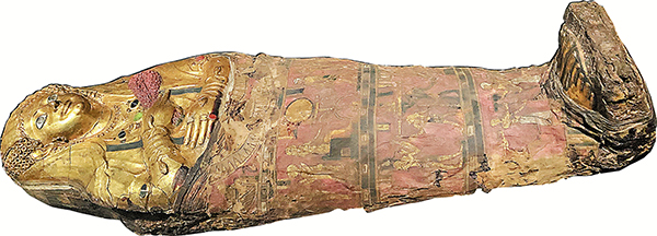 ●約公元1世紀的女孩木乃伊，由鍍金石膏、亞麻布和人體遺骸組成。