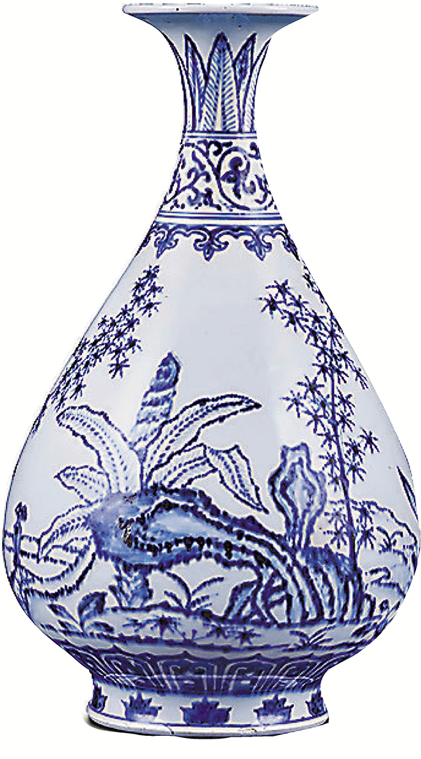 ●清雍正青花石竹芭蕉玉壺春瓶