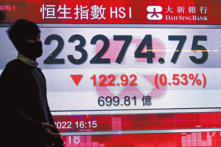 ◆ 港股2022年首個交易日走勢先高後低，收黑盤。中新社