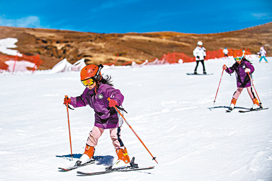 ◆雲南曲靖市會澤大海草山國際滑雪場內不少小朋友在練滑雪。  新華社圖片