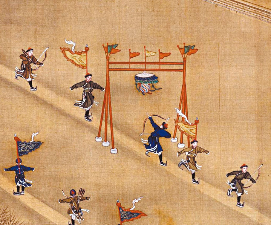 ◆《冰嬉圖》局部，射手們在冰上滑行射箭。