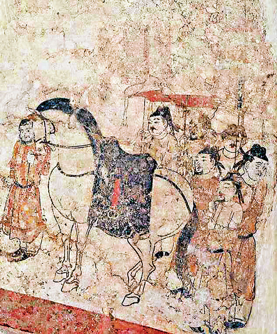 ◆壁畫展示了七人侍一馬的情景。