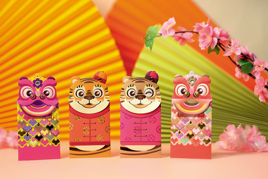 8、荷里活廣場 虎躍獅騰　「虎躍獅騰」閃爍立體限量版利是封套裝，以賀年獅頭及應節老虎作設計主題，封套上印有熨金圖案，寓意虎年龍精虎猛！