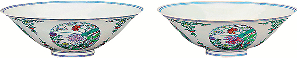 ◆清雍正鬥彩開光四季花卉紋斗笠碗(一對)