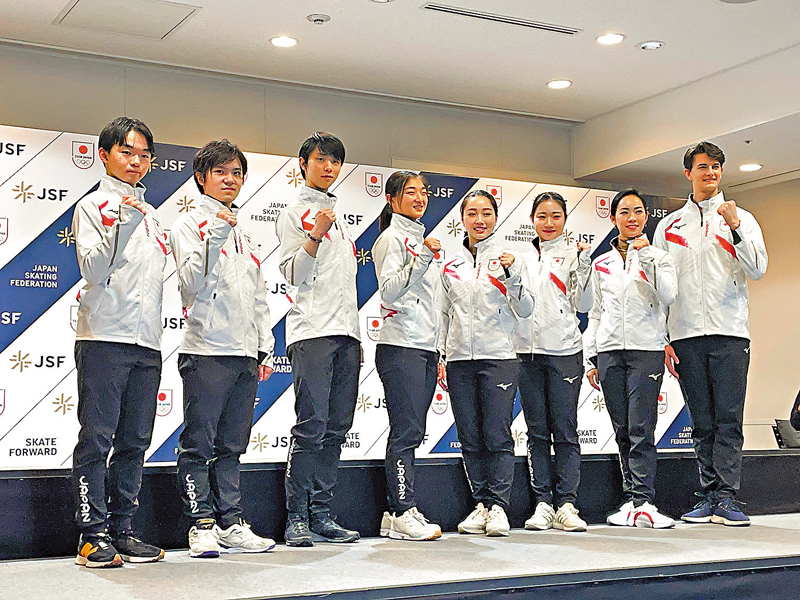 ◆日本花滑隊日前公布冬奧參賽名單（左起）：鍵山優真、宇野昌磨、羽生結弦、阪本花織、通口新葉、河邊愛菜、小松原美里及小松原尊。 資料圖片