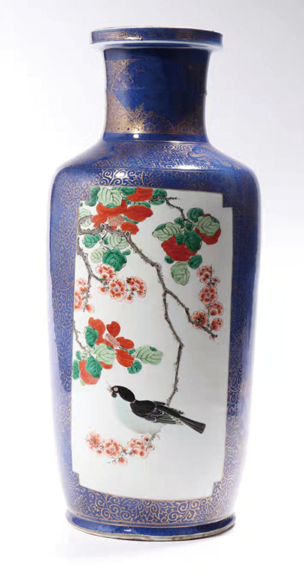 ◆康熙 藍地描金開光喜鵲登梅紋棒槌瓶