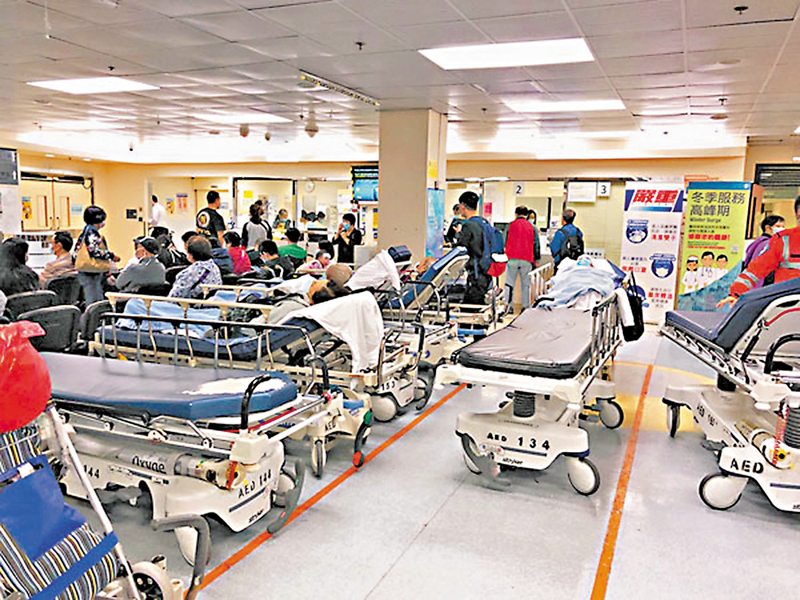 ◆ 多間醫院普遍有人手不足問題，部分病房嚴重時只有一半服務助理返工。圖為醫院人手不足，病人躺在病床上等候醫護。資料圖片