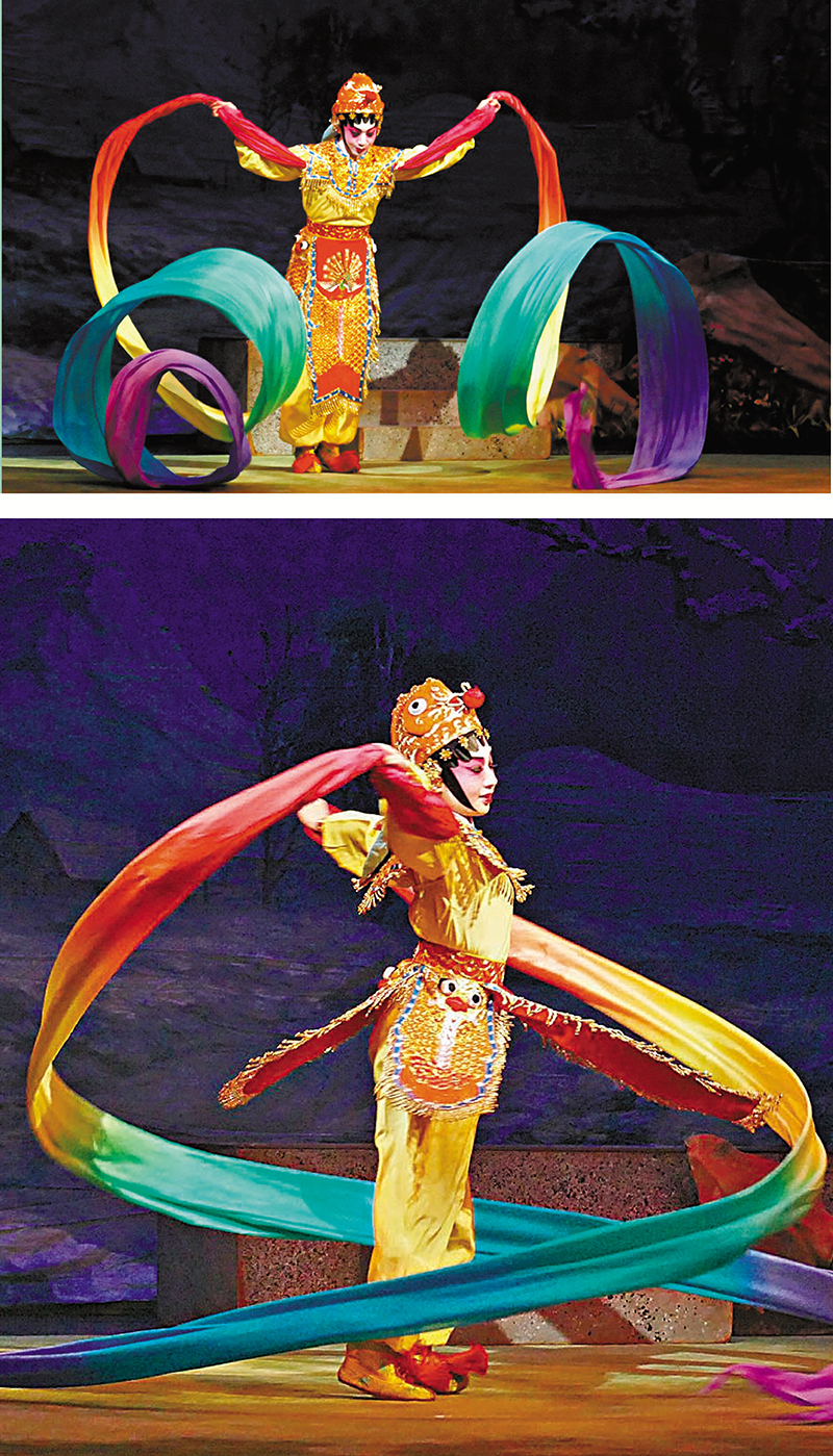 ◆粵劇演員除需備唱做唸打的嫺熟基本功，舞蹈也是重要一環，演員舞動七彩絲帶配美麗身段，賞心奪目。