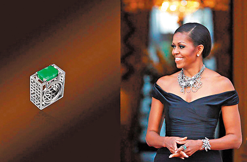 ◆Michelle Obama曾在公開活動佩戴翁狄森所設計的翡翠如意窗花戒指。