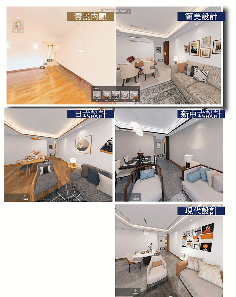 VR設計家居  ◆ 代理夥同VR技術公司推出虛擬家居設計方案，為實景單位試驗不同風格設計，方便買家作出買樓決定。