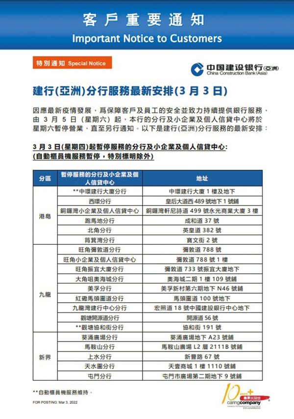 ◆建行宣布周六分行將暫停營業。