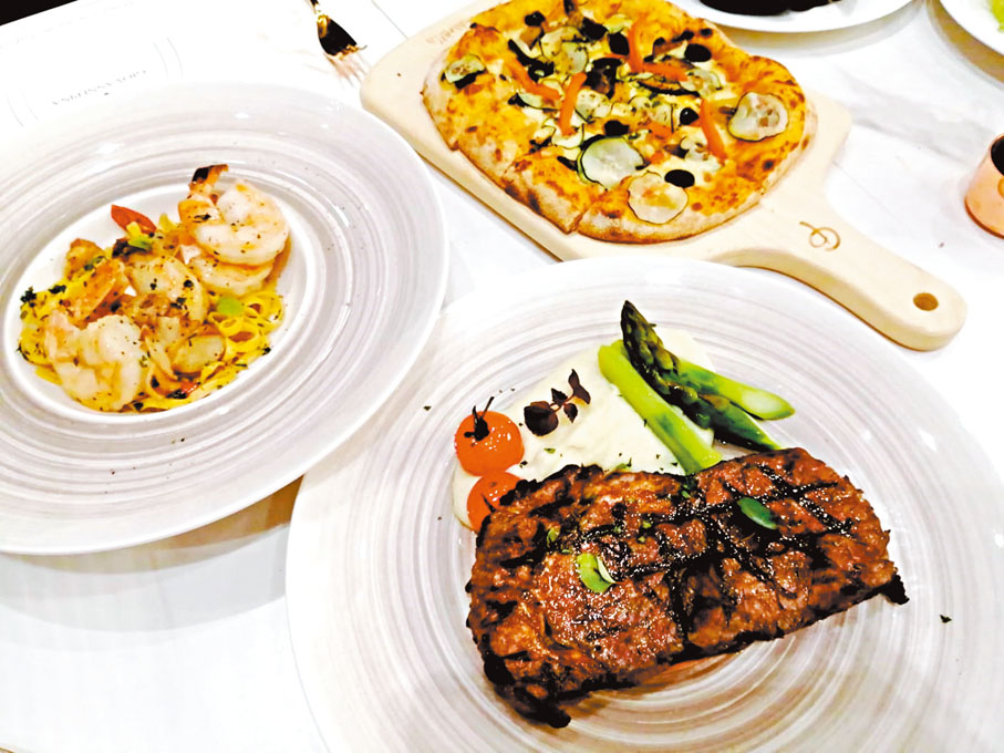 ◆香煎鹿兒島A4和牛西冷、紅蝦燴手工意大利寬條麵及烤焗羅馬包厚薄餅