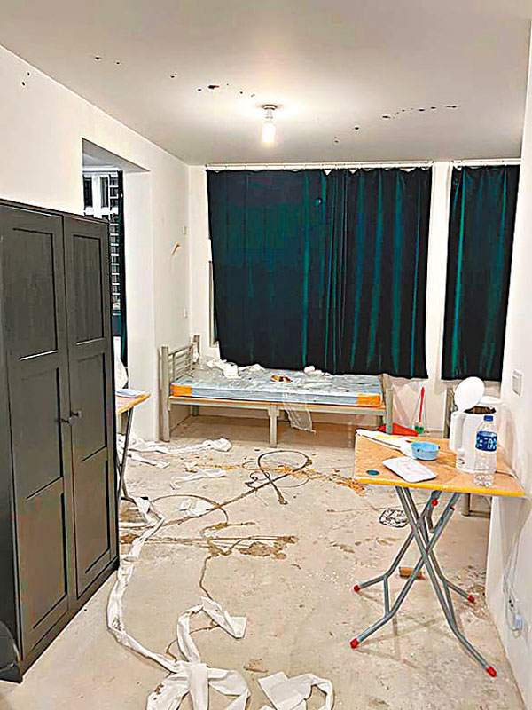 ◆皇后山邨隔離營懷疑有入住者於單位牆身及天花上擲糞便，大肆破壞。香港抗疫關注組Fb圖片