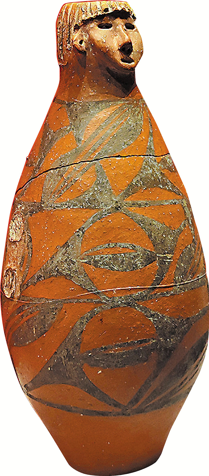 ◆人頭形器口彩陶瓶，新石器時代，甘肅省博物館藏。