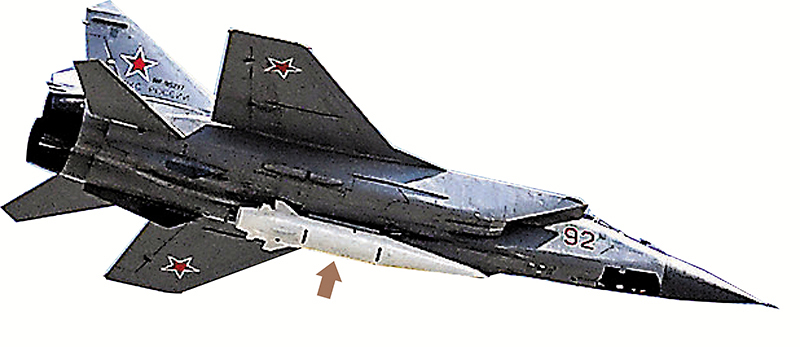 ◆俄軍米格-31戰機搭載高超音速導彈（箭嘴示）。 資料圖片