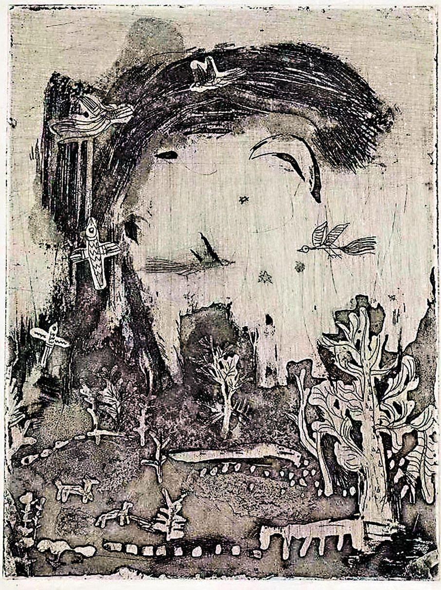 ◆《田園牧歌》，1950年，蝕刻版畫 紙本：32.7×25.2厘米，M+，香港