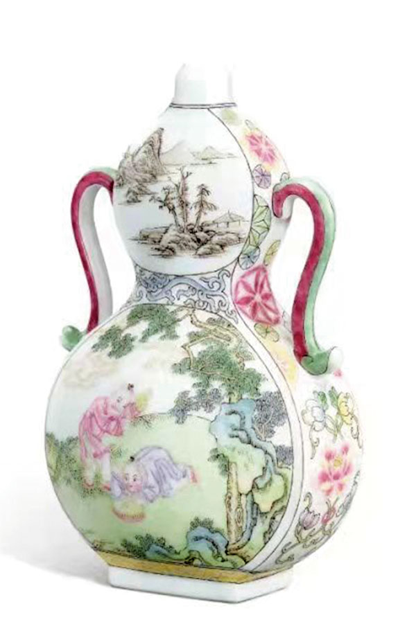 ◆乾隆 琺琅彩庭園嬰戲圖綬帶耳葫蘆扁瓶