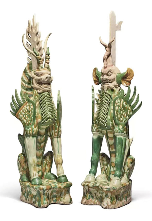 ◆唐 三彩鎮墓獸一對