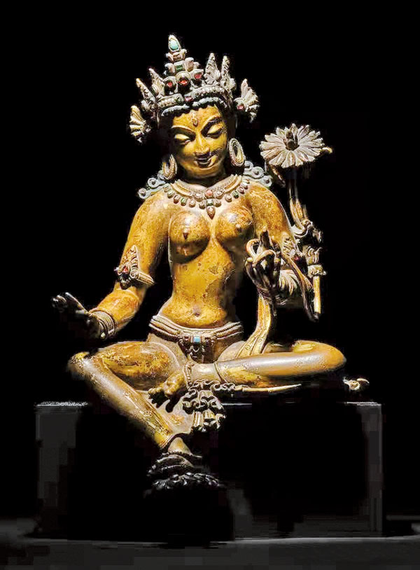 ◆尼泊爾13世紀 馬拉王朝早期銅鎏金綠度母像