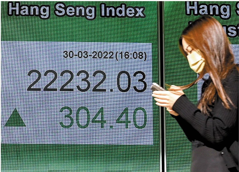 ◆ 港股連升3日，昨成交增至1,554億元。 中新社