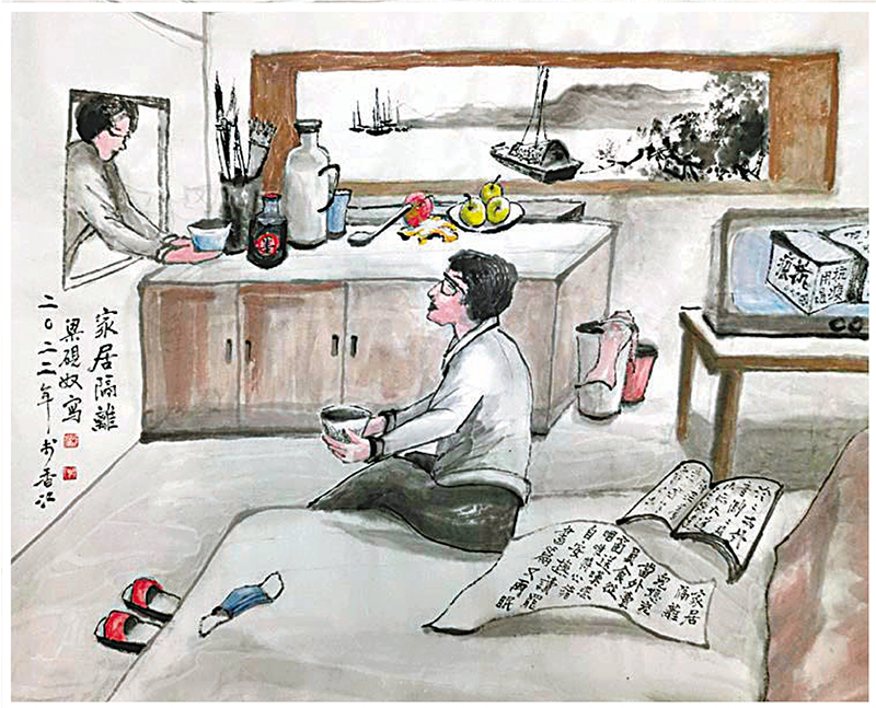 ◆梁硯奴《居家隔離》，水墨畫，68cm×68cm