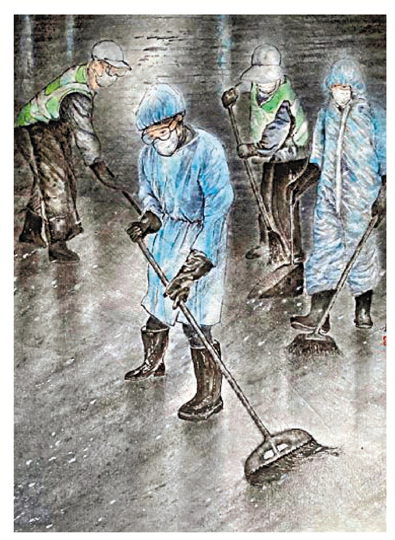 ◆杜寶玉《掃瘟神》，水墨畫，67cm×50cm