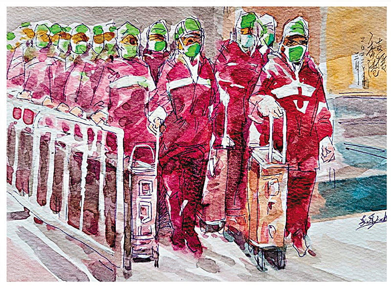 ◆莊嘉禾《同心協力 支持香港》，水彩，21cm×28cm