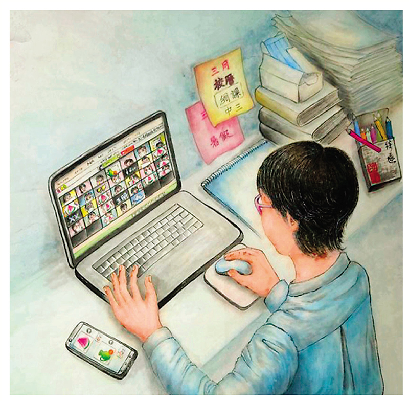 ◆刁綺蓮《網上教學》，水墨畫，68cm×68cm