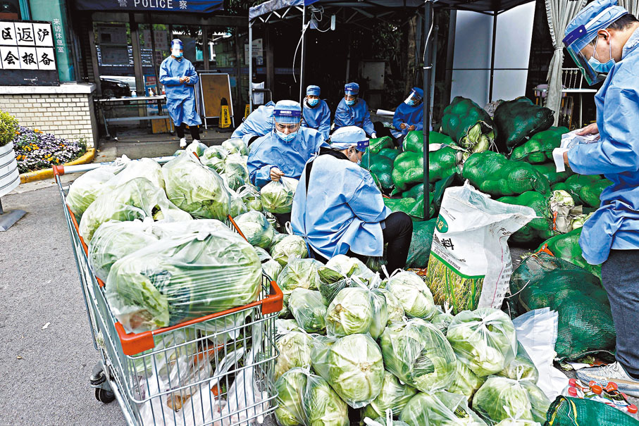 ◆ 志願者正在上海中環錦苑小區門前打包蔬菜。 中新社