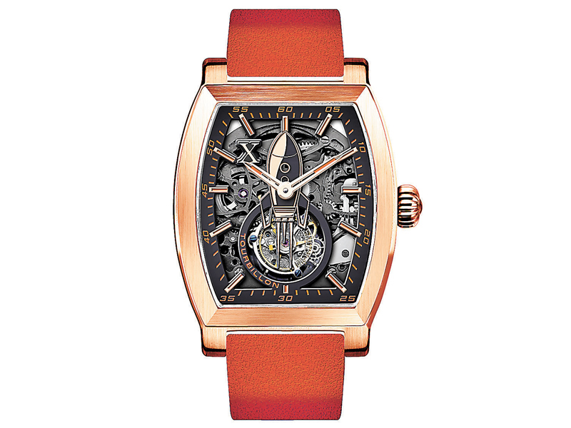 ◆腕錶採用鍍玫瑰金色精鋼酒桶形錶殼設計。