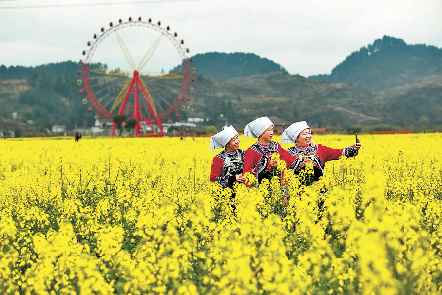 ◆人們在「金海雪山」景區賞花、拍照。
