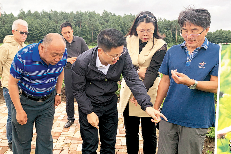 ◆ 吳章祝（右三）與東北農業大學教授調研佳木斯小漿果基地。