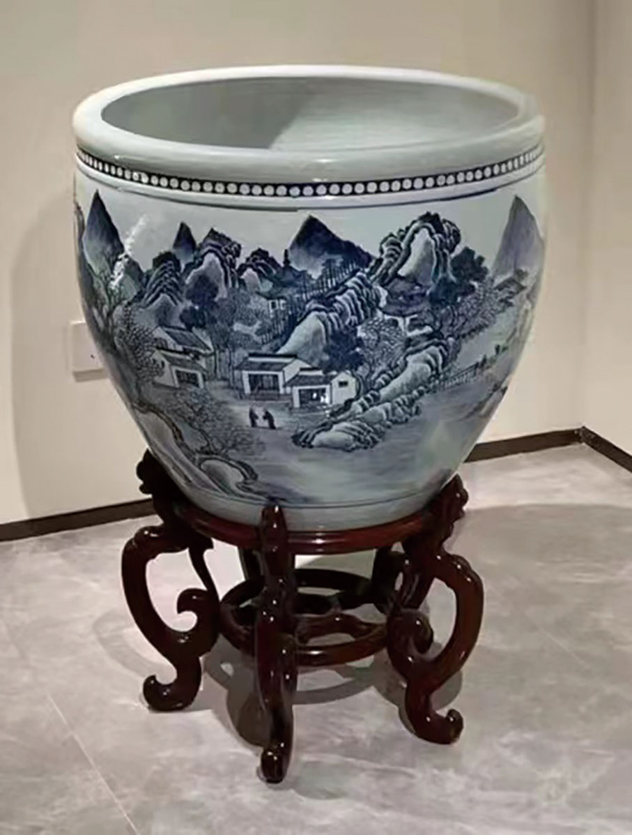 ◆雍正 青花山水紋大卷缸