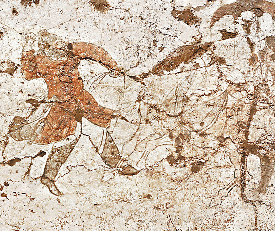 ◆洪瀆原唐康善達墓墓道西壁壁畫胡人馴馬圖。