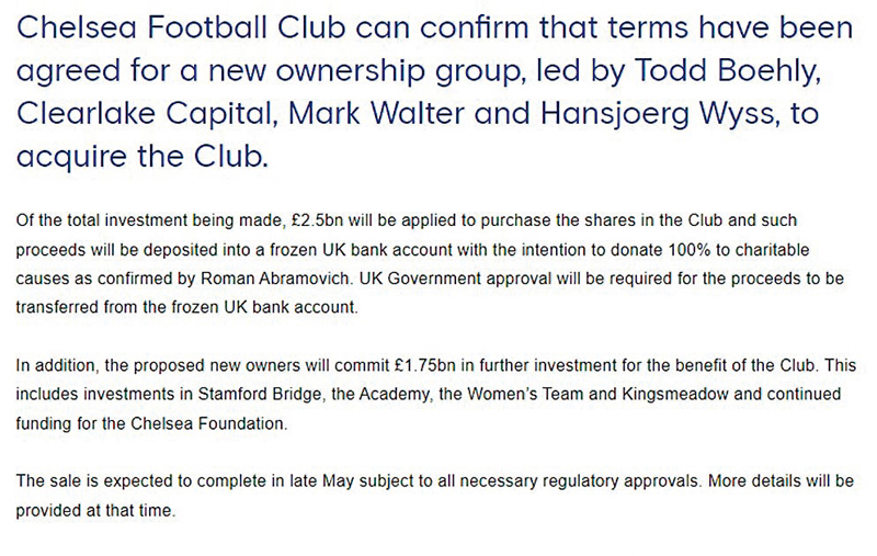 ◆車路士官方宣布成功尋找新買家。  車路士官網截圖