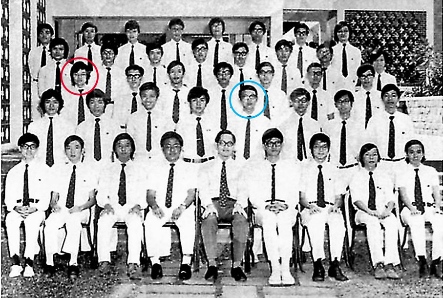 ◆1975年九龍華仁書院中五A班的照片，李家超站第三排左一（紅圈），姜耀明站第二排右四（藍圈）。 資料圖片