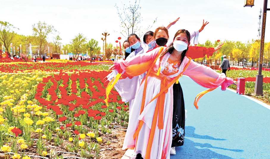 ◆遊客在鬱金香文化旅遊節現場拍照
