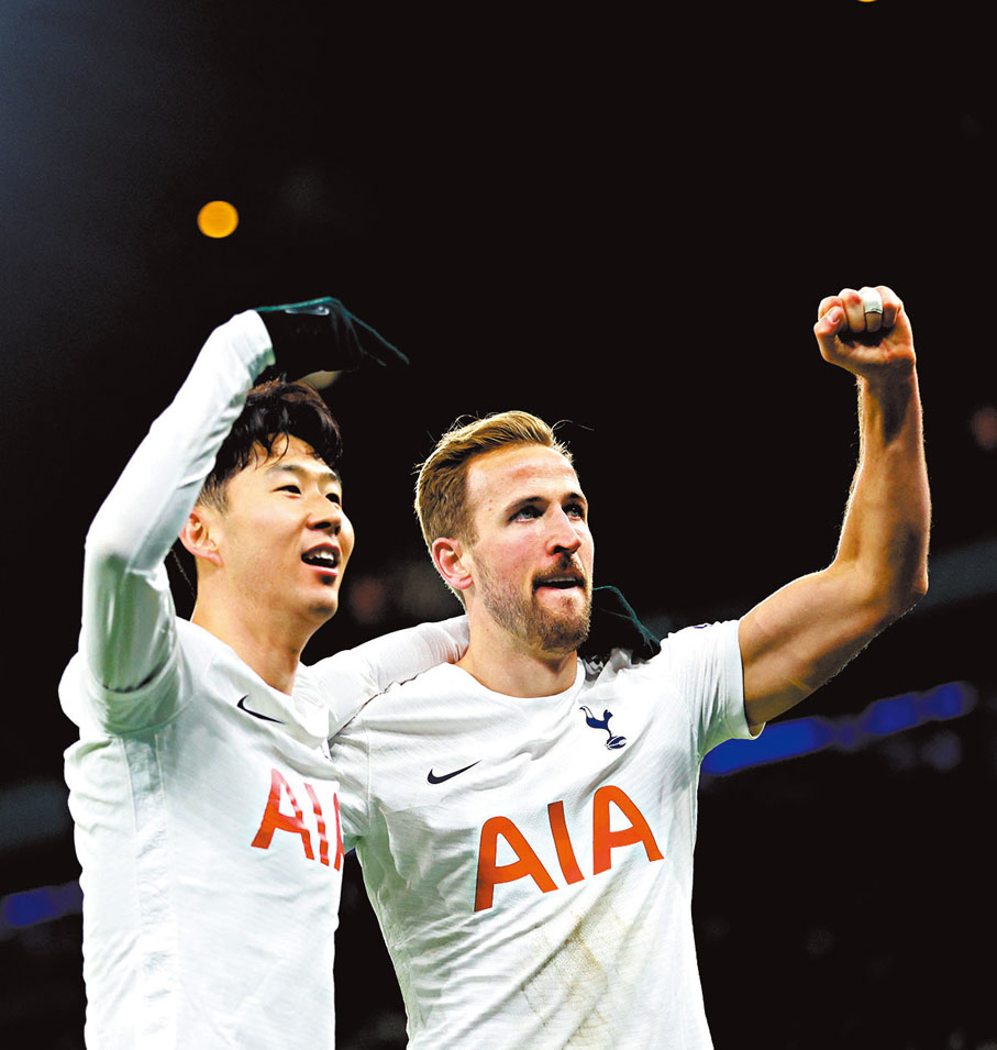 ◆ 熱刺一對前鋒拍檔，孫興民（左）和哈利卡尼分別以20個及13個入球，暫列本屆英超射手榜第2及第6位。路透社