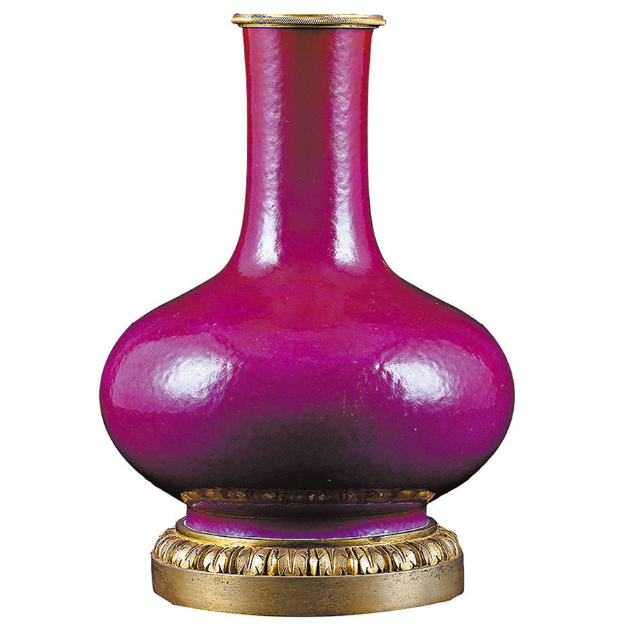 ◆清乾隆胭脂紅釉鑲流金座瓶