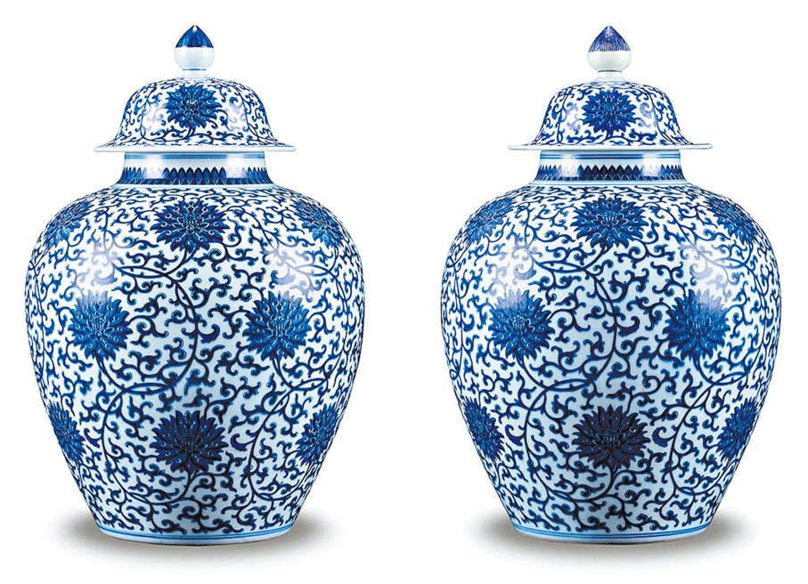 ◆清乾隆青花纏枝蓮紋太白蓋罐(一對)