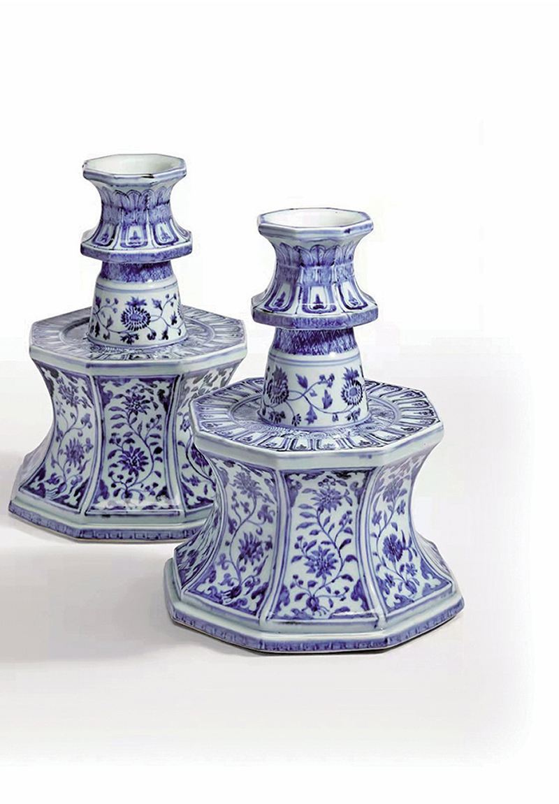 ■明永樂 青花纏枝花卉八方燭台一對