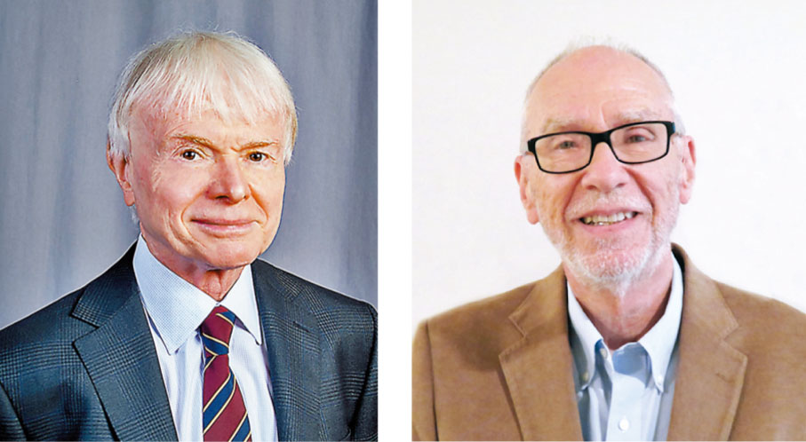 ◆ Thomas J.R. Hughes（左）與Michael S. Waterman（右）獲香港城市大學頒授「William Benter應用數學獎」。 城大圖片